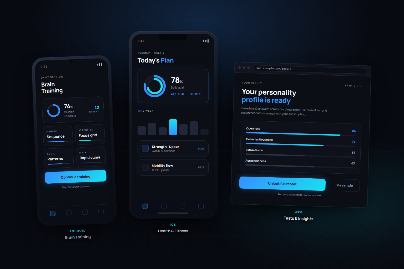 iOS health and fitness application, Android brain training application and a personality test web application